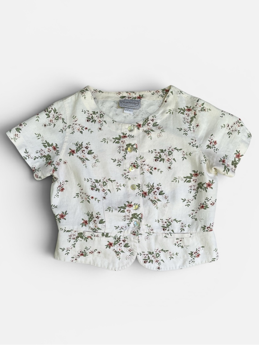 Stonebridge 100% Linen Floral Crop Button Up Cottagecore Blouse  Size 6
